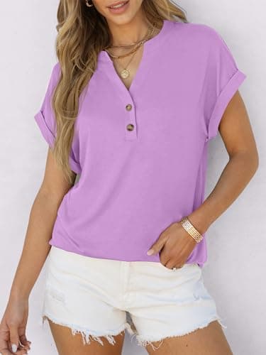 ANRABESS Womens Short Sleeve Henley Tops V Neck Dressy Casual Loose Fit Shirts Summer Flowy Blouses 2025 Trendy Clothes Light Purple Medium - Image 4