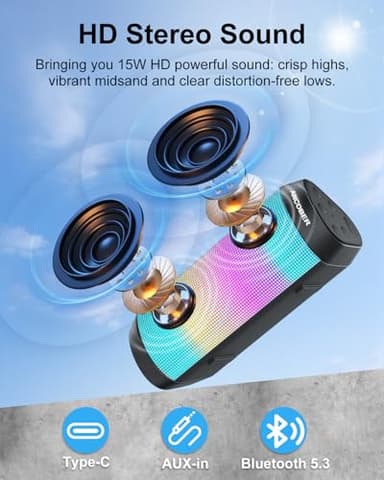 Bluetooth Speaker, Portable Wireless, Powerful Sound with Cool Lights, IPX4 Waterproof, TWS Pairing, BT5.3, for Outdoor/Indoor/Party/Shower, Electronics Gadget, Stocking Stuffers, White Elephant Gifts - Image 2