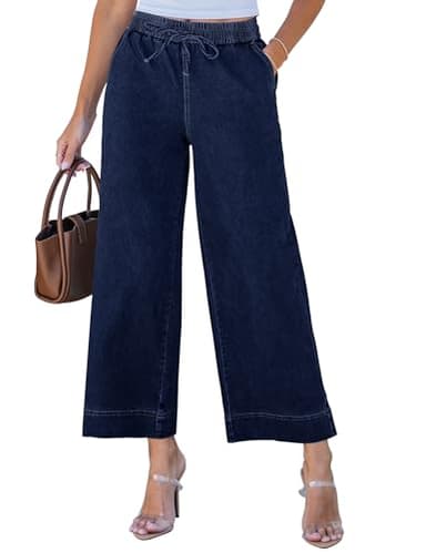 luvamia High Elastic Waisted Wide Leg Jeans for Women Crop Pants for Women Pull On Denim Pants Darkness Blue XX-Large Fits Size 20 / Size 22 - Image 1