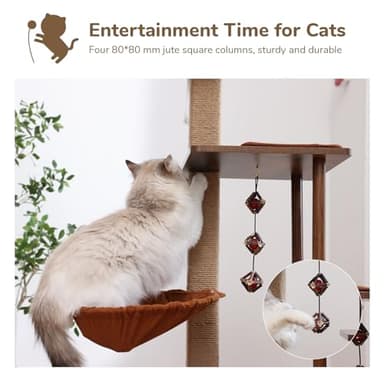 FUKUMARU Cat Tree, 4 in 1 Large Modern Cats Tower with Jute Scratching Post and Hammock, Wood Cat Condo with silvervine Balls, Brown Cat Climber Stand Playhouse for Indoor Cats, Retro Style - Image 7
