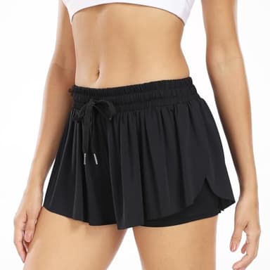 Wsirmet Flowy Shorts for Women Butterfly Shorts 2 in 1 Athletic Workout Gym Biker Running Shorts with Pockets Black L - Image 3