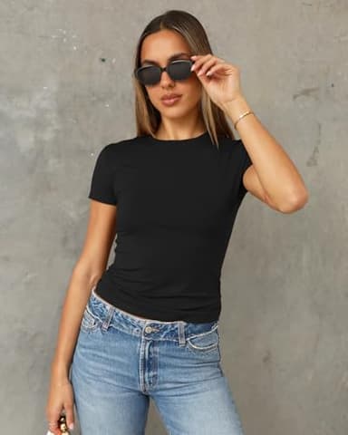 Abardsion Women's Casual Basic Going Out Crop Tops Slim Fit Short Sleeve Crew Neck Tight T Shirts 2025 (Black, XS) - Image 2