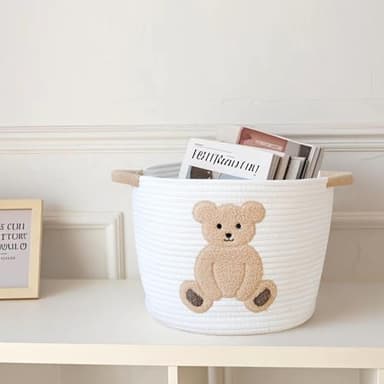 INough Cotton Rope Basket Toy Storage Baskets for kids Laundry Hamper, Gift Basket Empty Baby Shower Baskets with Handles, Cute Bins Blanket Stuffed Animal Storage for Nursery, Living Room Decor, Bear - Image 7