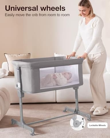 Larex Baby Bassinet, 3 in 1 Bassinets Bedside Sleeper for Newborn, Portable Crib Adjustable 7 Height Bedside Bassinet with Mattress and Wheels Light Grey - Image 3