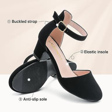 LAURMOSA Black Dress Shoes for Girls Chunky Block Heels for Little Big Kids Princess Flower Girl Shoes for Wedding Party Closed Round Toe Pumps with Ankle Strap(L1012 Black 5) - Image 6