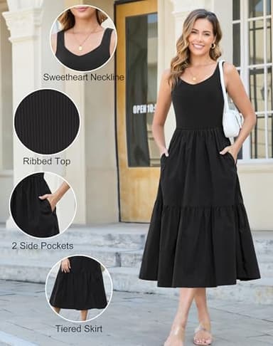 Kranda Summer Dresses for Women Sweetheart Neck Ribbed Tank Top Midi Dress Sleeveless Tiered Beach Sundress with Pockets, Black M - Image 5