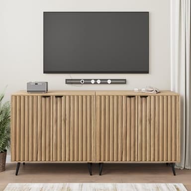 Smuxee Fluted Sideboard Cabinet, Freestanding Natural Buffet Cabinet with Adjustable Shelf, Wood Storage Cabinet for Living Room, Entryway, Hallway - Image 3