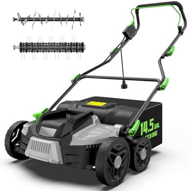 TIECTOWN 16-Inch 15.5 Amp 2-in-1 Electric Dethatcher and Scarifier with 14.5-Gallon Removable Thatch Collection Bag, Lawn Dethatcher with 5-Position Depth Adjustment, Quick-Fold, Keeps Lawn Healthy - Image 1
