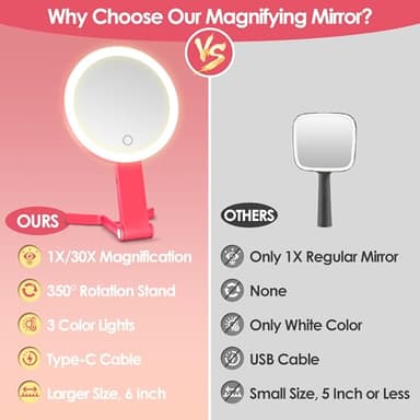 MIYADIVA Magnifying Mirror with Light, Double Sided 30X/1X Lighted Travel Makeup Mirror with Magnification, 3 Color Lighting, Dimmable Touch Screen, Adjustable & Foldable Hand Mirror (Pink) - Image 7