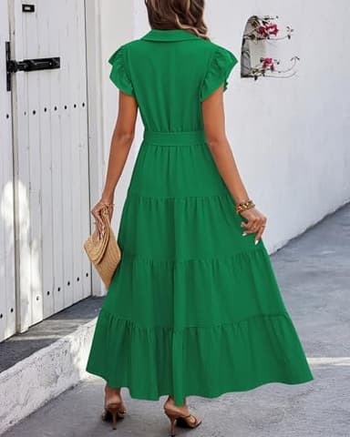 dowerme Women's Summer Casual Dresses 2025 Cap Ruffle Sleeve V Neck Button Belted Tiered Boho Maxi Dress with Pockets(Bright Green,Medium) - Image 5