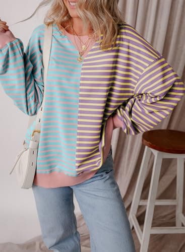 ZOOMOON Womens Oversized Striped Sweatshirt Ladies Tops Crewneck Tops Long Sleeve Shirts Loose Pullover Sweatshirts Purple X-Large - Image 4