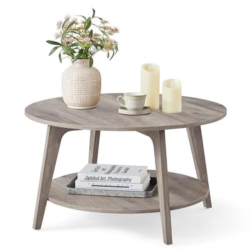 VASAGLE MAEZO Collection - Round Coffee Table, 2-Tier Center Table with Storage, Tapered Legs, Curved Transitions, 31.5 Dia. x 17.7 H Inches, Easy Assembly, for Living Room, Heather Greige ULCT243K02 - Image 1