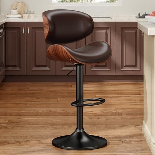 YaFiti Swivel Bar Stools for Kitchen Counter, Adjustable Bentwood Barstools, Modern PU Leather Upholstered Bar Stool with Back and Footrest, for Bar, Kitchen, Dining Room (Brown 1PCS) - Image 1