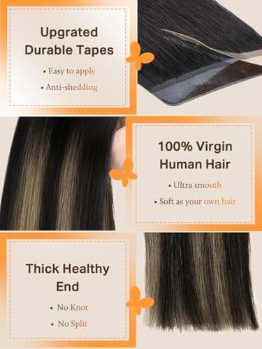 DOORES Hair Extensions Tape in Human Hair, Balayage Natural Black to Light Blonde 20 Inch 40pcs 100g, Human Hair Extensions Tape in Straight Real Natural Hair - Image 3