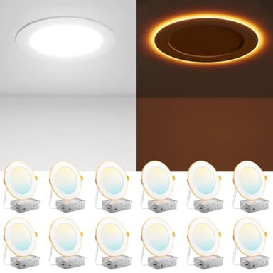 Amico 12 Pack 6 Inch 5CCT LED Recessed Ceiling Light with Night Light, 2700K/3000K/3500K/4000K/5000K Selectable Ultra-Thin Lighting, 12W=110W, 1100LM, Dimmable Canless Wafer Downlight ETL&FCC - Image 1