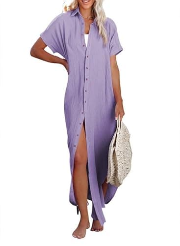 Dokotoo Swimsuit Bathing Suit Cover Up for Women Swimwear 2025 Fashion Summer Dresses Button Down Long Kimonos Cardigan Vacation Beach Short Sleeve Side Split Casual Solid Loose Coverups Purple M - Image 4