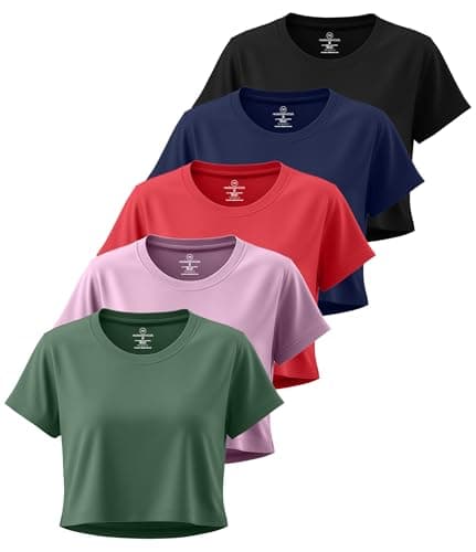 Real Essentials 5 Pack: Women's Dry Fit Crop Top - Short Sleeve Crew Neck Stretch Athletic Tee (Available in Plus Size) - Set 9, XS - Image 1