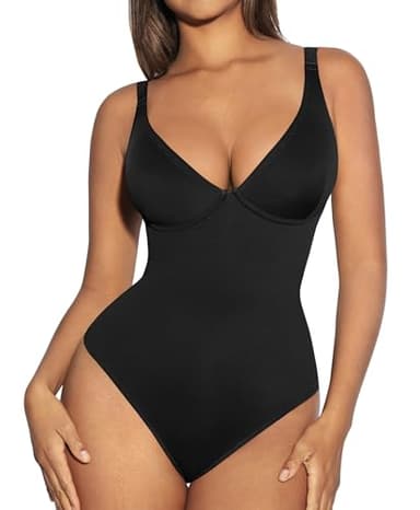 FeelinGirl Body Suits for Women Tummy Control Shapewear Bodysuits for Going Out Deep V Neck Thong Body Shaper, Black, S - Image 1