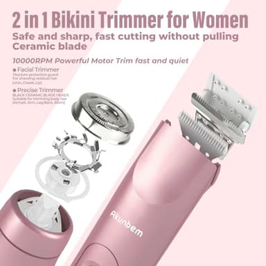 Akunbem 2 in 1 Women Electric Shaver Dual Head Bikini Trimmer for Women IPX7 Waterproof Wet & Dry Use Body Hair Trimmer and Facial Hair Remover for Bikini Underarm Leg Arm Body Face, Pink - Image 2