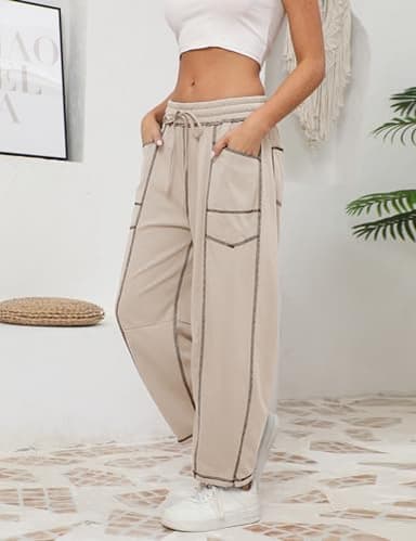 Athlisan Womens Baggy Barrel Pants Wide Leg Lounge Drawstring Sweatpants with Pockets(Khaki-M) - Image 5