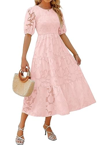 ZESICA Women's 2025 Summer Short Puff Sleeve Crewneck Smocked Floral Lace Flowy A Line Tiered Maxi Dresses,Pink,Large - Image 1