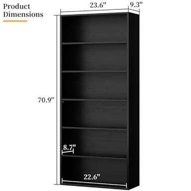 Shintenchi Bookshelf,6-Tier Open Bookcase and Bookshelves,6 Shelf Display Storage Shelves Floor Standing 70.6 inches Tall Bookcase for Home Office, Living Room (Black) - Image 3