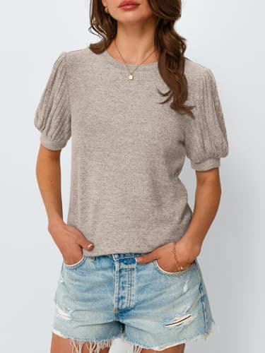 AUTOMET Womens Tops Summer Sweater Long Tunic Dressy Casual Blouses Business Cute Trendy Short Sleeve Shirt 2025 Khaki XL - Image 2
