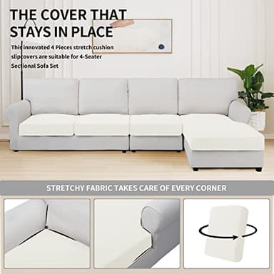 Easy-Going Stretch 4 Pieces Couch Cushion Covers for Sectional Sofa Left/Right L Shape Chaise Lounge Sofa Seat slipcover Anti-Slip Sofa Cover Soft (3 Seater + 1 Chaise, Cream) - Image 5