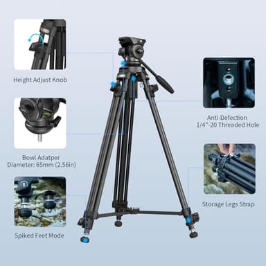 SmallRig AD-50 Lite Video Tripod, Heavy Duty Tripod with 360°Fluid Head, 62" Aluminum Alloy Travel Tripods with QR Plate, Lift Rope, Load up to 11lb for DSLR, Camcorder, Camera - Image 8
