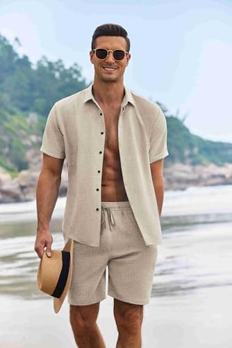 COOFANDY Men's Shirt and Short Sets Cruise Outfits for Men, khaki, X-Large - Image 2
