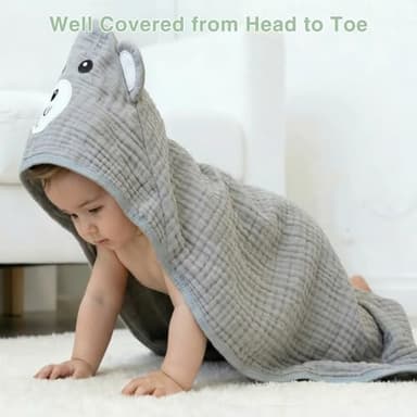 CandyHome 4 Pack Muslin Baby Towels for Newborn Set, 100% Cotton 2 Hooded Baby Bath Towels 32x32" with 2 Washcloths 10x10", Super Soft Absorbent Infant Toddler Bath Essentials Gifts, Dinosaur & Bear - Image 5