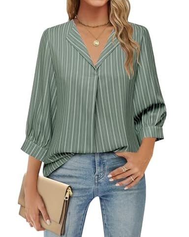 Unixseque Business Casual Tops for Women: Work Attire for Office - Spring Blouses for Women 2025 - Dress Shirts for Women 3/4 Sleeve Professional Formal Tops Dressy Ladies Tops Elegant Green Stripe M - Image 3