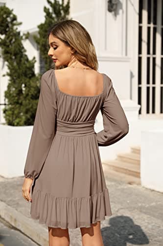 Wenrine Women's Mesh Long Sleeve Square Neck Dress High Waist A Line Ruffle Hem Flowy Casual Party Mini Dress - Image 4