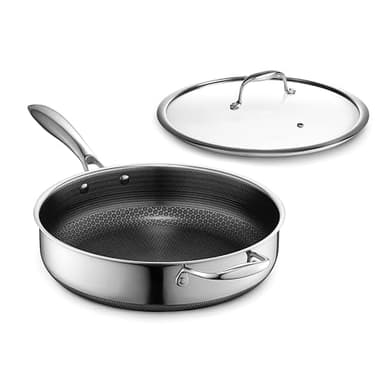 HexClad Hybrid Nonstick 4.5-Quart Deep Sauté Pan with Tempered Glass Lid, Stay-Cool Handle, Dishwasher-Friendly, Oven-Safe Up to 900°F, Induction Ready, Compatible with All Cooktops - Image 1
