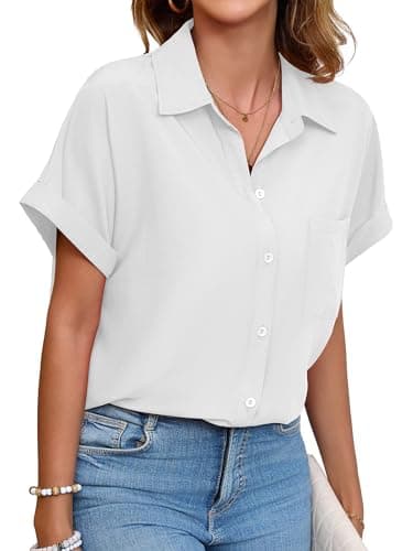 Poplab Womens Button Up Shirt Short Sleeve Collared Tops Office Casual Blouse Shirt(White,M) - Image 1