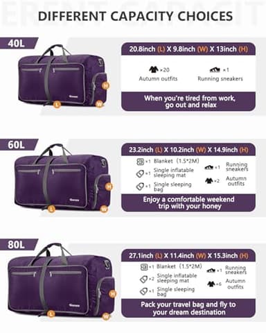 Gonex 80L Packable Travel Duffle Bag Foldable Duffel Bags for Luggage Gym Sports Camping Travelling Cycling Storage Shopping Water & Tear Resistant Purple - Image 3