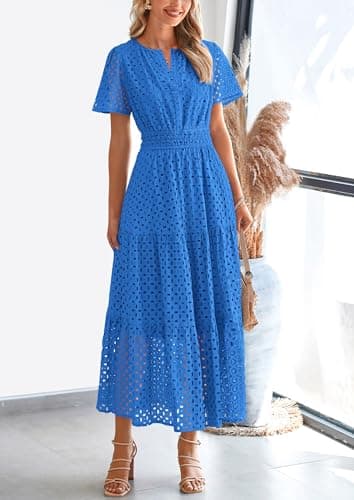 PRETTYGARDEN Womens 2025 Summer Maxi Dress Short Sleeve V Neck Hollow Out Eyelet A Line Long Flowy Beach Vacation Dresses (Blue,Large) - Image 6