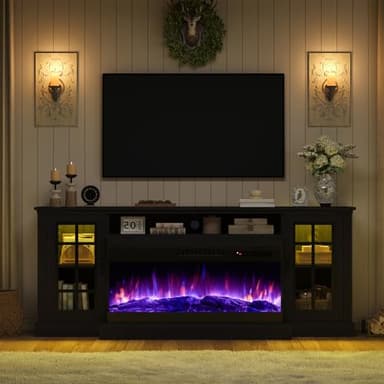 AMERLIFE 75in 3-Sided Glass Fireplace TV Stand with LED Lights for TVs up to 85", Rustic Fireplace Media Entertainment Center Console Cabinet Table with Glass Door Closed Storage, Black - Image 8