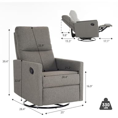 Ketaiyou Swivel Rocking Recliner Chair for Adults, Rocker Nursery Glider Chair for Living Room Bedroom, Upholstered Fabric Reclining Single Sofa Chair(Grey) - Image 2