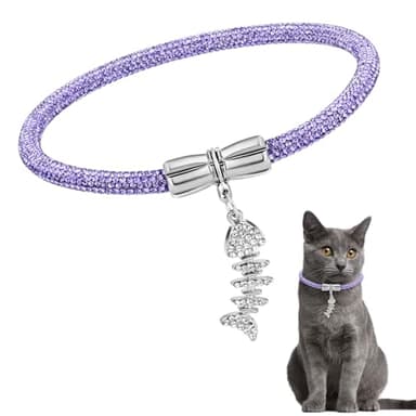 Rhinestone Cat Collar, Sparkly Necklace for Girl Cats, Detachable Diamond Glitter Collar with a Fish Pendant Accessory, Collars Diameter 2.5 inch, for Princess Kitty (Light Purple, 20) - Image 1