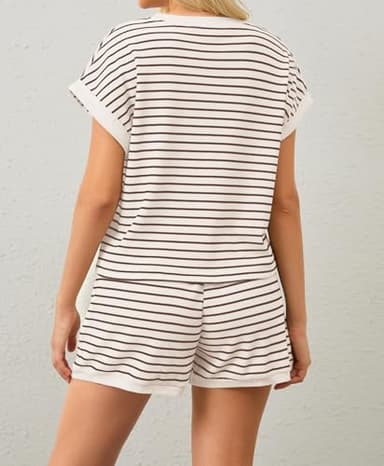 Burtell Women Summer 2 Piece Lounge Sets Striped Short Sleeve Tee Shirts Mini Shorts Loungewear Shorts Set Ribbed Pajama Set - Image 4