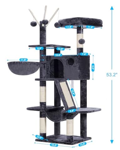 Hey-brother Cat Tree, 53 inch Cat Tower for Indoor Cats, Cat House with Padded Platform Bed, Toy Balls, Large Cozy Condo, Hammocks and Sisal Scratching Posts, Smoky Gray MPJ019-SG - Image 2