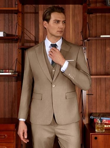 WULFUL Men’s Slim Fit Suit One Button 3-Piece Blazer Dress Business Wedding Party Jacket Vest & Pant Light Brown - Image 2