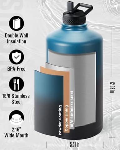 Coolplus Gallon Water bottle insulated with straw, Water Jug 128 oz Stainless Steel Double-Walled Vacuum Metal Large Flask With Carry Sleeve Bpa-Free Leakproof, Keep Cold 48 Hrs, Blue Black - Image 3