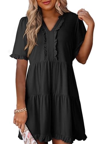 Dokotoo Womens Summer Dresses for Women 2025 Short Sleeve V Neck Loose Casual Eleagnt Cute Wedding Guest A Line Dresses Plus Size Babydoll Mini Dress Swing Graduation Dress Plus Size Black Dress XL - Image 1