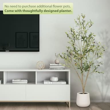 VIVATREES Olive Trees Artificial Indoor, 6FT Tall Faux Olive Tree with White Tall Planter, Artificial Plants with Natural Wood Trunk and Lifelike Fruits for Home Office Decor - Image 4