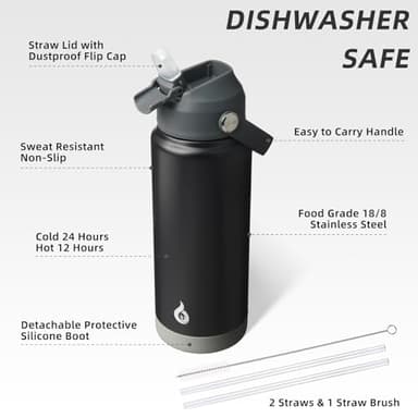 BJPKPK Water Bottle with Straw Lid, 24oz Vacuum Insulated Water Bottles, Metal Stainless Steel Thermo for Sports, Travel, BPA Free Leak Proof Thermo, Cups, Flasks, Tumblers,Black - Image 3