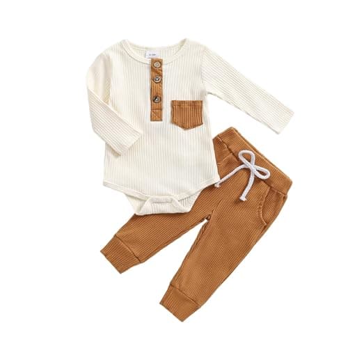 fhutpw Baby Boy Clothes 3 6 12 18 Months Ribbed Knitted Long Sleeve Romper and Pants Sets Newborn Fall Splicing Color Outfits (White&Khaki, 0-3 Months) - Image 1