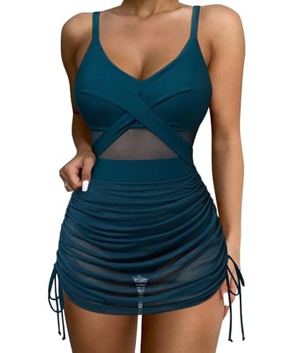 SUUKSESS Women One Piece Swim Dress Tummy Control Swimsuit Sexy Mesh High Waisted Bathing Suit Wrap Push Up Swimwear (Upgrade Peacock Blue,L) - Image 1