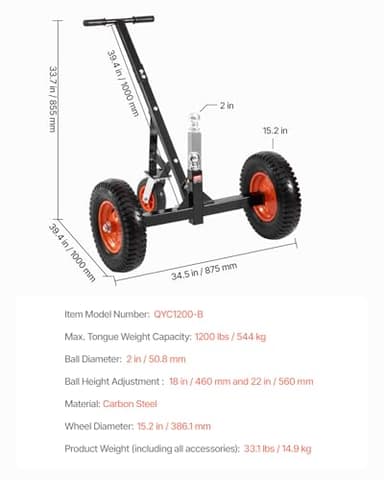 VEVOR Trailer Dolly, 1200lbs Tongue Weight Capacity, Carbon Steel Trailer Mover with 18 inch and 22 inch Height Adjustable Trailer Dolly, 2 inch Ball, 15.2 inch Pneumatic Tires, for Moving RV - Image 7